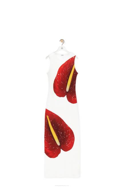 White/Red Anthurium tank dress in ribbed cotton jersey Loewe 84PR1072 Women