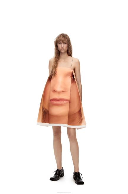 Yellow/Multicolour Face print strappy dress in technical duchesse satin Loewe 84PR1089 Women