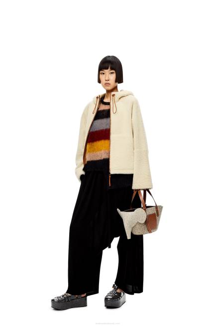 Soft White/Tan Hooded zip jacket in shearling Loewe 84PR1151 Women