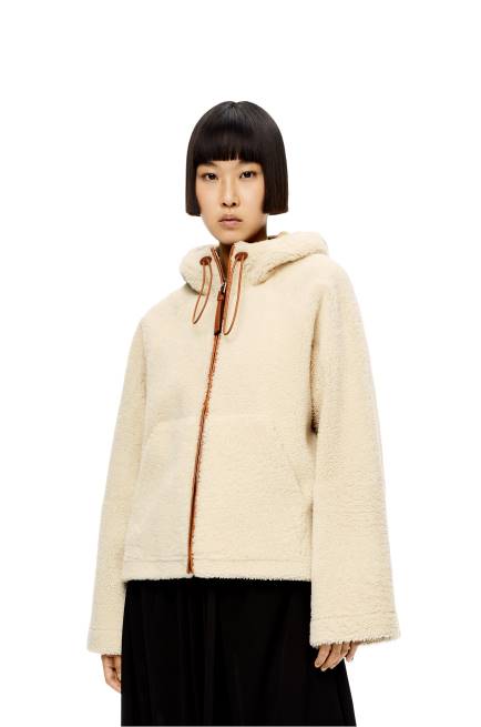 Soft White/Tan Hooded zip jacket in shearling Loewe 84PR1151 Women