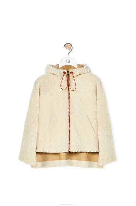 Soft White/Tan Hooded zip jacket in shearling Loewe 84PR1151 Women