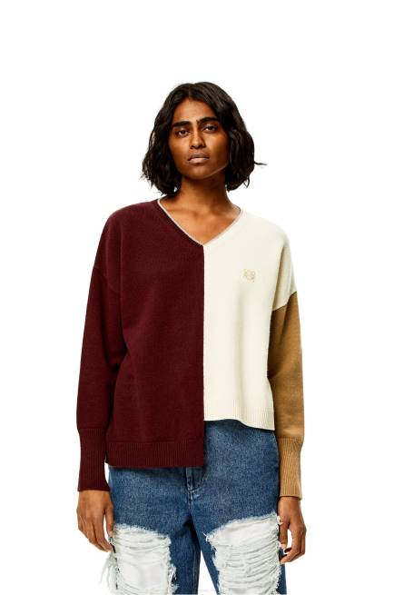 Brandy/Burgundy/Cream Anagram Asymmetric sweater in wool Loewe 84PR1010 Women