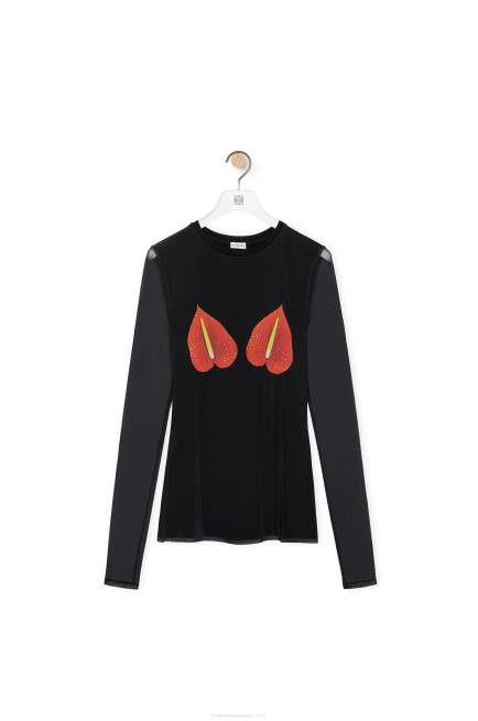 Black/Red Anthurium top in semi sheer mesh Loewe 84PR882 Women