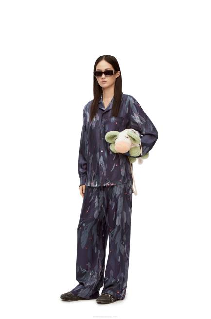 Navy Blue Feathers pyjama blouse in silk Loewe 84PR944 Women