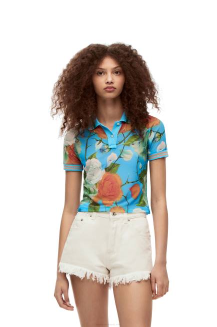 Blue/Multicolor Roses cropped polo top in mesh Loewe 84PR790 Women