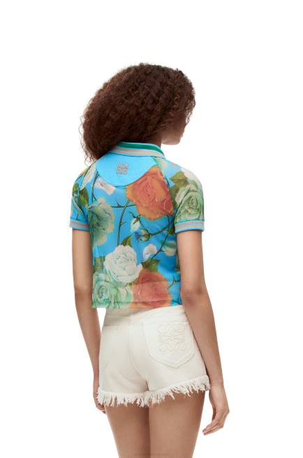 Blue/Multicolor Roses cropped polo top in mesh Loewe 84PR790 Women