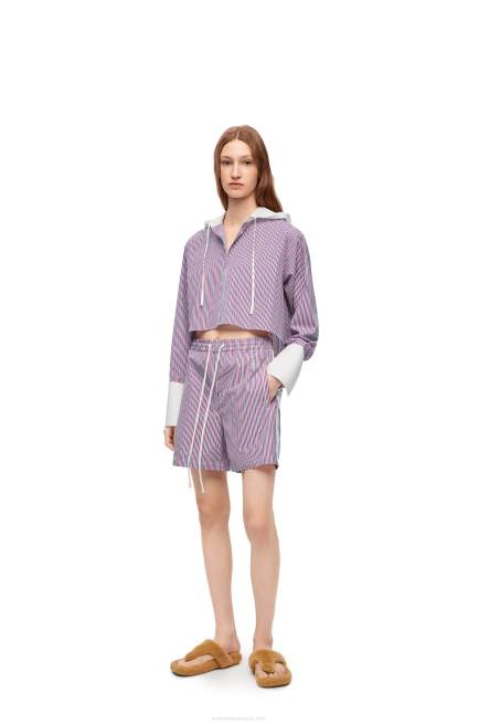 Blue/Red Cropped hooded shirt in striped cotton Loewe 84PR857 Women