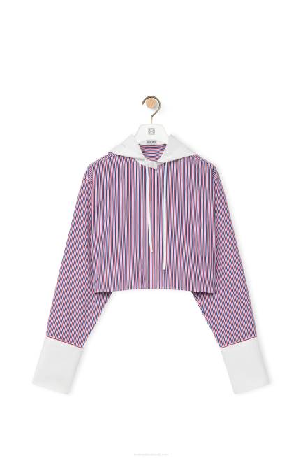 Blue/Red Cropped hooded shirt in striped cotton Loewe 84PR857 Women